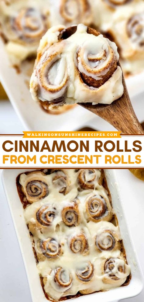 Learn to make Cinnamon Rolls from Crescent Rolls for the best Fall baking recipe! Made with a tube of crescent rolls, cinnamon, sugar, and a homemade cream cheese frosting. This cinnamon roll recipe is a delicious Fall baked goods! Crescent Sheet Cinnamon Rolls, How To Make Cinnamon Rolls With Crescent Rolls, Pillsbury Crescent Cinnamon Roll Recipes, Christmas Morning Breakfast Casserole Crescent Rolls, Cinnamon Rolls Out Of Crescent Rolls, Cresent Cinnamon Rolls Recipes, Cinnamon Rolls Croissant Dough, Croissant Dough Cinnamon Rolls, Breakfast Cinnamon Rolls Easy