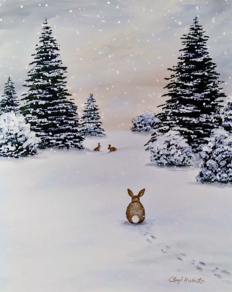 Winter Forest Animals Illustration, Christmas Forest Painting, Christmas Rabbit Drawing, Christmas Landscape Drawing, Winter Scenery Wallpaper, Winter Night Illustration, Christmas Scenery Paintings, Cute Winter Drawings, Winter Scenery Drawing