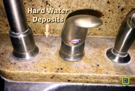 hard water stains around kitchen faucet granite countertops How To Polish Granite Countertops, Pants Hacks, Clean Granite Countertops, Cleaning Granite, Cleaning Granite Countertops, Shower Remodel Diy, How To Clean Granite, Marble Counters, Hard Water Spots