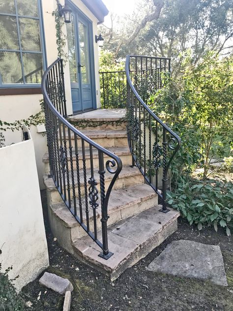 Iron Railing Exterior, Iron Porch Railing, Railing Exterior, Rod Iron Railing, Brick Stairs, Wrought Iron Railing Exterior, Wrought Iron Porch Railings, Exterior Railing, Iron Railings Outdoor