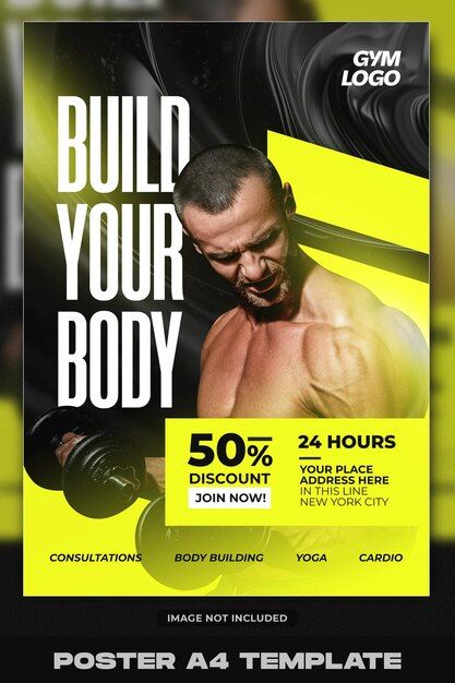 PSD build your body gym poster design | Premium Psd #Freepik #psd #lifestyle #brochure #fit #fitness Gym Posters Design, Gym Membership Poster, Fitness Event Poster, Gym Design Poster, Gym Poster Design Creative, Gym Creative Ads, Gym Graphic Design, Fitness Poster Design, Gym Poster Design