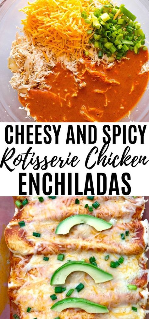 Spicy Chicken Enchiladas Recipes, Leftover Rotisserie Chicken Enchilada Recipes, Rotisserie Enchiladas Easy, Chicken Enchiladas Not Spicy, Rostiserie Chicken Enchiladas, Tortilla Meals, Spicy Enchilada Sauce, Chicken And Cheese Enchiladas, Rotisserie Chicken Enchiladas