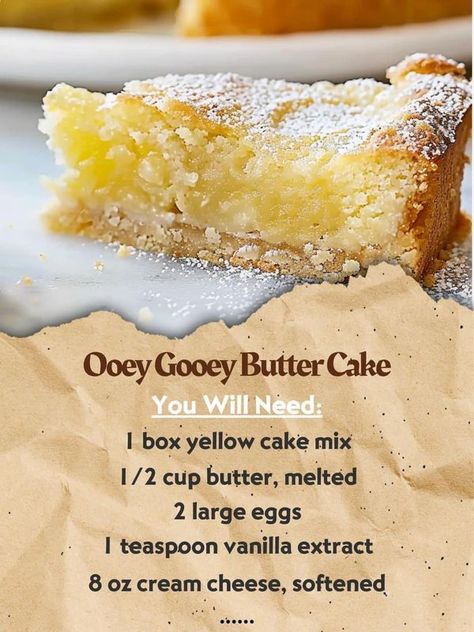 Paula Album's - "Ooey Gooey Butter Cake 🍰

Indulge in the... Ooy Gooy Butter Bars Easy, Ooey Gooey Cake, Orange Juice Cake, Heart Baking, Ooey Gooey Butter Cake, February Quotes, Thanksgiving Meals, Gooey Cake, Icing Recipes