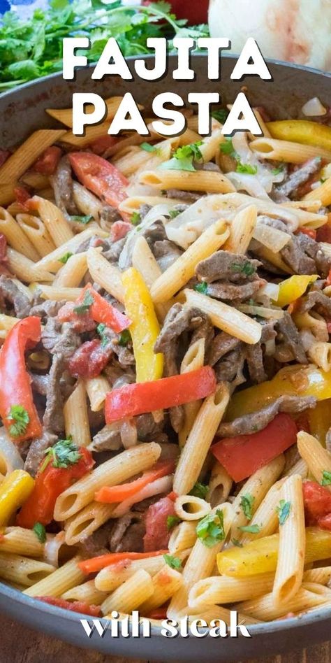 Easy Stake Dinner Recipes, Steak Fajita Dinner Ideas, Recipes With Fajita Steak, Steak Fajitas Casserole, Recipes With Fajita Meat, Meals Using Steak Meat, Fajita Meat Recipes Easy Dinners, Beef Fajita Pasta Recipe, What To Make With Fajita Meat