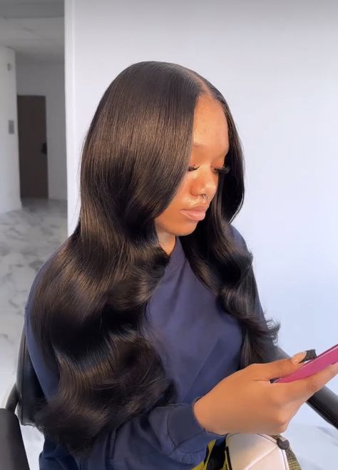 Pressed Natural Hair, Silk Press Natural Hair, Sew In Hair Extensions, Sew In Hairstyles, Quick Weave Hairstyles, Flat Iron Hair Styles, Natural Hair Styles Easy, Hair Laid, Middle Part