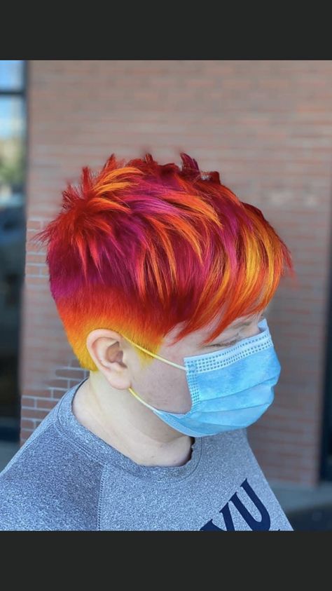 Fire Hair Men, Orange Hair Ideas For Short Hair, Sunset Hair Color Short Pixie, Vibrant Short Hair, Short Bright Colored Hair, Fire Ombre Hair Short, Spring Vivid Hair Color, Sunset Short Hair, Bright Hair Colors Short