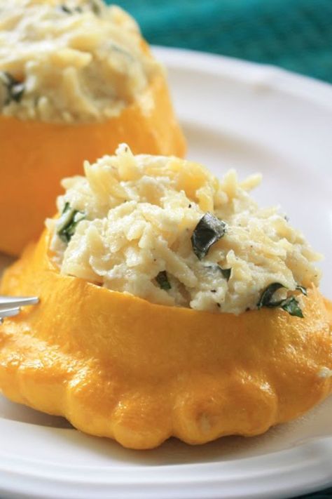 Stuffed Patty Pan Squash, Patty Pan Squash Recipe, Sunburst Squash, Basil Orzo, Pan Squash, Pattypan Squash, Veggie Box, Summer Squash Recipes, Yellow Squash Recipes