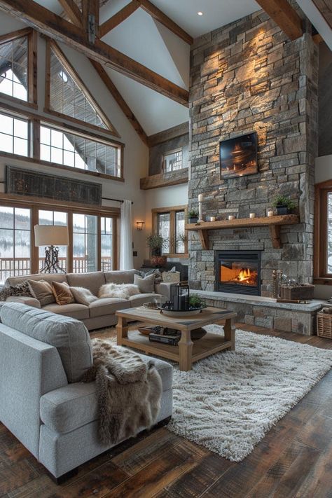 Large Stone Fireplace, Modern Farmhouse Fireplace, Brick Loft, Home Id, Farmhouse Fireplace, Boho Room Decor, Country Interior, House Inside, Rustic Living Room