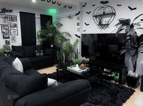 Goth Apartment Decor Living Room, Cozy Goth Living Room, Gothic Bohemian Bedroom, Small Gothic Living Room Ideas, Goth Apartment Ideas, Apartment Decorating Dark, Goth Living Room Modern, Emo Living Room, Alternative Living Room Ideas