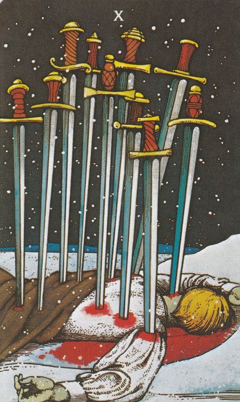 X of swords, Morgan Green, Tarot Morgan Greer Tarot, 10 Of Swords, Ten Of Swords, Tarot Decks Art, Rider Waite Deck, Swords Tarot, Rider Waite Tarot, Daily Tarot, Tarot Cards Art