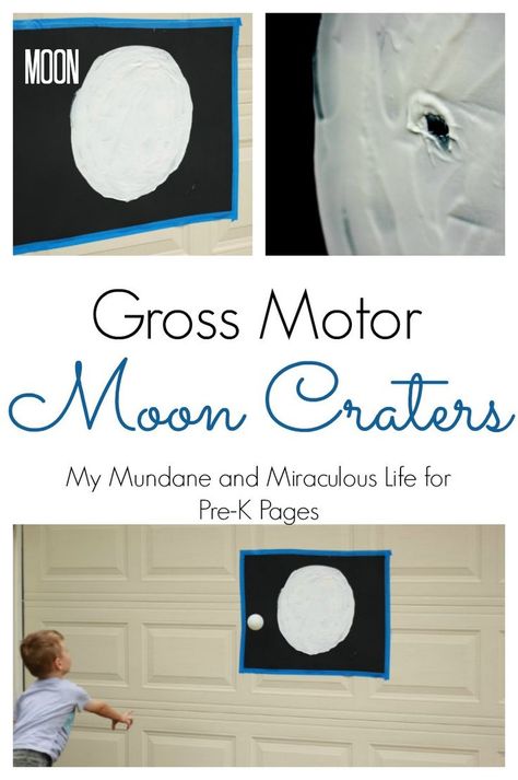 Moon Crater Gross Motor Activity. A super fun activity for learning about craters and the atmosphere for an outer space theme. Perfect for getting your Preschool and Kindergarten kids active and moving while learning! - Pre-K Pages Astronaut Theme Preschool Activities, Astronaut Preschool Activities, Earth Preschool, Space Activities For Preschoolers, Space Lesson Plans, Space Theme Preschool, Space Week, Moon Activities, Space Lessons