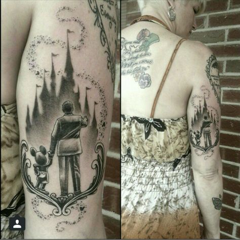 Disney tattoo Walt Disney and mickey mouse Walt Disney And Mickey Mouse, Walt Disney And Mickey, Disney Castle Tattoo, Mickey And Minnie Tattoos, Disney Inspired Tattoos, Mickey Tattoo, Disney Sleeve Tattoos, Butterfly Tattoos On Arm, Peace Tattoos