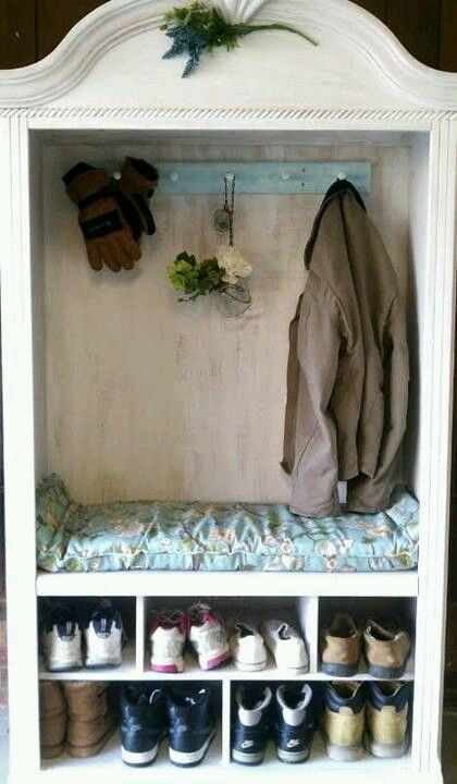 Mudroom, two layered cubbies Armoire Repurpose, Coat And Shoe Storage, Old Entertainment Centers, Muebles Shabby Chic, Tv Armoire, Antique Armoire, Refurbished Furniture, Old Tv, Recycled Furniture