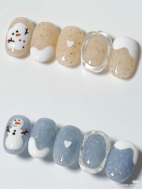 Korean Nails Designs Winter, Nail Art Snowman, Cute Snowman Nails, Melted Snowman Nails, Asian Christmas Nails, Korean Nails Christmas, Winter Korean Nails, Winter Nails Korean, Nail Noel Korea