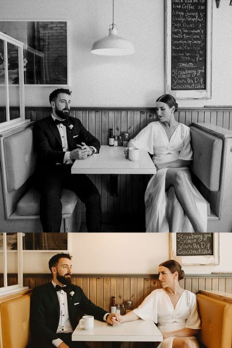 Bride and groom take unique couples photos in diner before wedding ceremony. Wedding photos in restaurant. Diner Wedding Photos, Diner Couple Photoshoot, Diner Engagement Photos, Diner Wedding, Pie Pictures, Retro Couple, Vintage Diner, Retro Pictures, Wedding Couple Photos