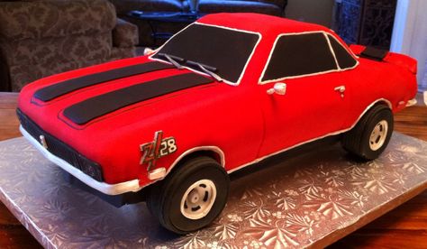 - My husband's 50th birthday cake of his 1968 Camaro - front Camero Cake Ideas, Husbands 50th Birthday, Mustang Cake, Car Cakes For Men, Cars Cake Design, Red Camaro, 50th Birthday Themes, Car Cakes, 60th Bday