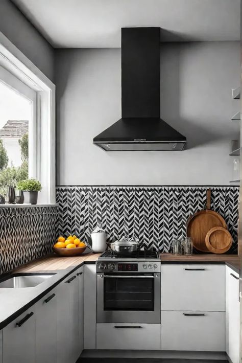 Kitchen with black and white chevron patterned tile backsplash Kitchen With Black And White Backsplash, Black And White Backsplash Kitchen, Black And White Kitchen Backsplash, Tile Layout Patterns, Black And White Backsplash, Traditional Backsplash, Creative Backsplash, Modern Kitchen Backsplash, Patterned Tile Backsplash