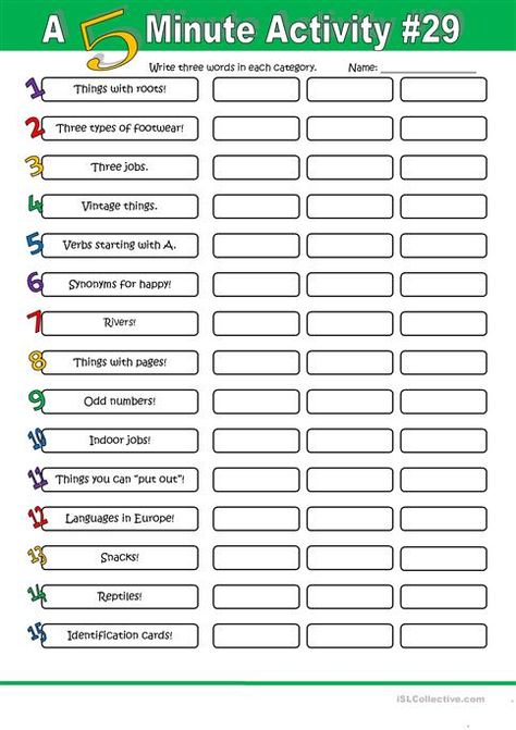 A 5 Minute Activity #29 - English ESL Worksheets for distance learning and physical classrooms 5 Minute Activity, Esl Activities, English Games, Speaking Activities, English Activities, Esl Teaching, English Teaching, Esl Worksheets, Brain Breaks