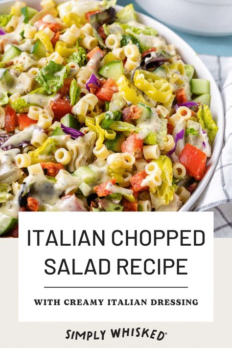 This chopped Italian salad with pasta is an incredibly easy recipe to toss together and quite possibly the best tasting thing on a hot summers day. With a simple and healthy dairy free salad dressing recipe and a mixture of cheeses, vegetables, meat, and pasta, there are so many flavors and textures to enjoy together! Chopped Salad With Pasta, Dairy Free Salad Dressing Recipes, Dairy Free Salad, Chopped Italian Salad, Salad With Pasta, Dairy Free Salad Dressing, Dairy Free Salads, Italian Salad Recipes, Chopped Salad Recipes