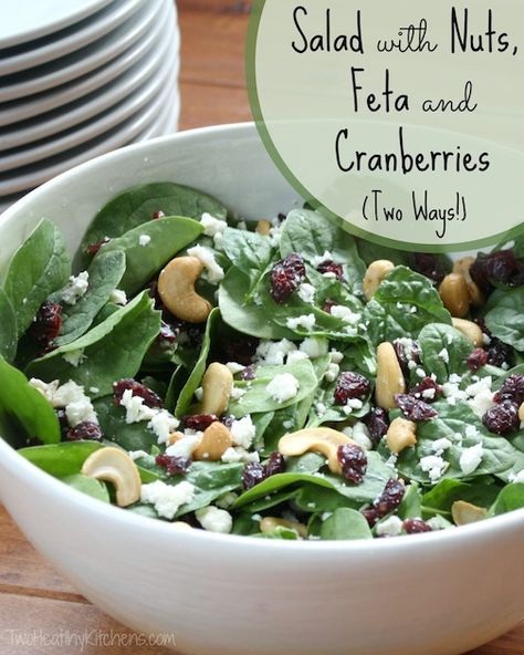 Salad with Nuts, Feta and Cranberries (Two Ways!) | TwoHealthyKitchens.com | #salad #recipe #healthy #easy Cranberry Spinach Salad, Perfect Salad Recipe, Super Salads, Spinach Salad Recipes, Yummy Salads, Cranberry Almond, Simple Salad, Colorful Salads, Spinach Salad