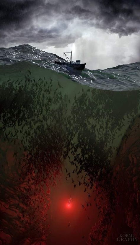 Scary Ocean Art, Creepy Concept Art, Thalassophobia Wallpaper, Thalassophobia Art, Deep Sea Illustration, Scary Ocean Pics, Deep Ocean Aesthetic Dark, Ocean Concept Art, Deep Sea Aesthetic