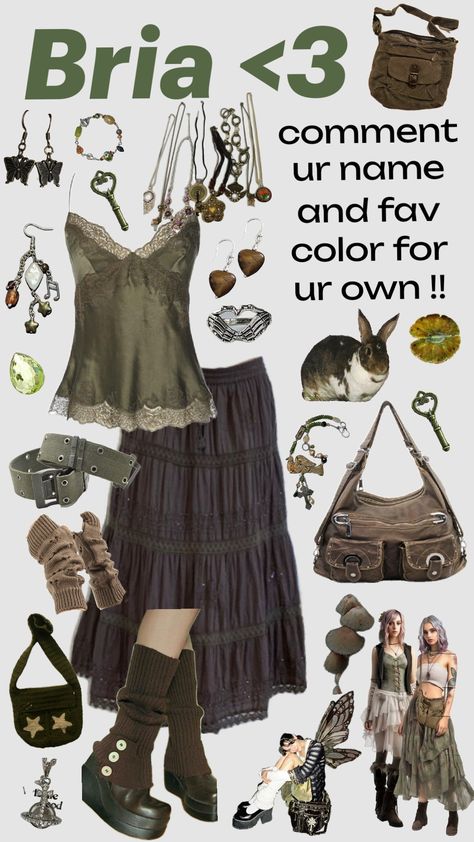 for @briastafford13 fairy grunge outfit inspo !! comment ur name and fav color for an outfit<3 #bria #comment #name #personalized #fairycore #fairygrunge #forest #green #brown Forest Fairy Outfit, Grunge Fairycore Outfits, Fairy Grunge Outfit, Fairycore Outfit, Witchy Outfits, Fairy Outfit, Grunge Fairycore, Fav Color, Grunge Outfit