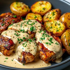 Crockpot Garlic Butter Chicken & Steak with Parmesan Cream Sauce and Cheesy Roasted Potatoes - Barkil Recipes Cheesy Crockpot Recipes, Chicken And Potato Crockpot Recipes, Crockpot Garlic Butter Chicken, Garlic Chicken Crockpot, Easy Fast Dinner Recipes, Crockpot Steak, Progressive Dinner, Crock Pot Potatoes, Parmesan Cream Sauce