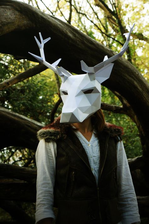 These plans and instructions enable you to make your own 3D Stag mask from cardboard. This mask would also work well for a reindeer.  This mask is Geometric Halloween, Diy Halloween Masks, Cardboard Mask, Mascaras Halloween, Bear Mask, Monster Mask, Mask Template, Half Mask, Costume Masks