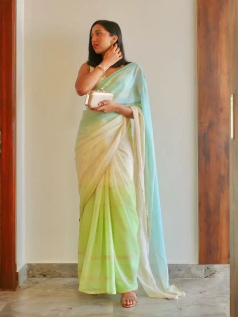 A NEON DREAM - Tahlia Suraj Neon Saree, Multicolour Saree, Neon Gradient, Rose Gold Accessories, Casual Indian Fashion, In Full Bloom, Neon Color, Sea Green, Color Combination