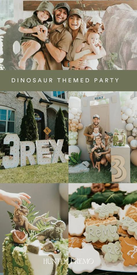 Dinosaur Birthday Party At The Park, Three Rex Birthday Activities, Dinosaur Birthday Party Theme, Dianousor Birthday Theme, Fall Dinosaur Birthday Party, Trex Birthday Party Decorating Ideas, Three Rex Birthday Decorations, Dino Birthday Ideas, Dinosaur 4 Birthday Party