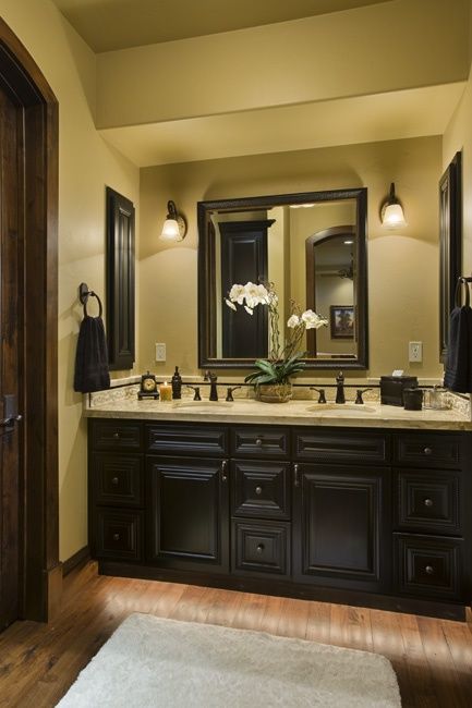 dark cabinets, light countertop @ Home Design Ideas Faucets Bathroom, Painting Bathroom Cabinets, Painted Bathroom, Dark Cabinets, Black Cabinets, Beautiful Bathrooms, My New Room, Bathroom Inspiration, My Dream Home