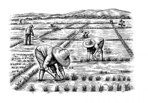 Rice Fields Farmer Drawing Sketch, Rice Field Drawing, Rice Field Illustration, Farmers Drawing, Farming Drawing, Agriculture Drawing, Farm Drawing, Field Drawing, Cover Up Tattoos For Men