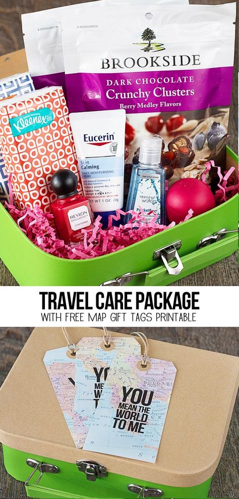 A sweet travel themed care package with free map gift tags that say, "You mean the world to me!" More details at www.livelaughrowe.com #discoverbrookside #travelgiftsideas Travel Care Package, Travel Gift Basket, You Mean The World To Me, Tags Printable, Care Packages, Diy Spring, Map Gifts, Gift Tags Printable, Travel Themes