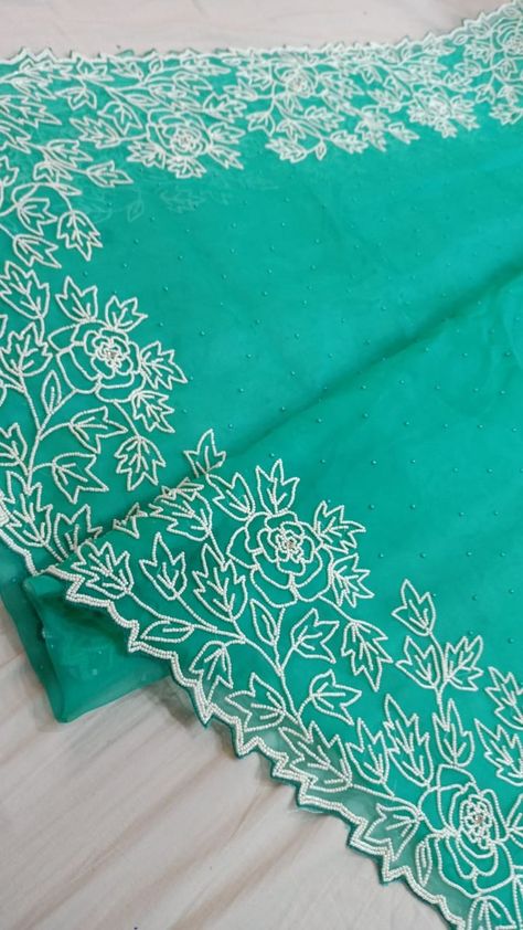 Dupatta Aari Work, Moti Work Embroidery Kurti, Pearl Work On Kurti, Moti Work Blouse Designs, Moti Work Embroidery, Dupatta Design, Moti Work, Hand Work Design, Embroidery Boutique