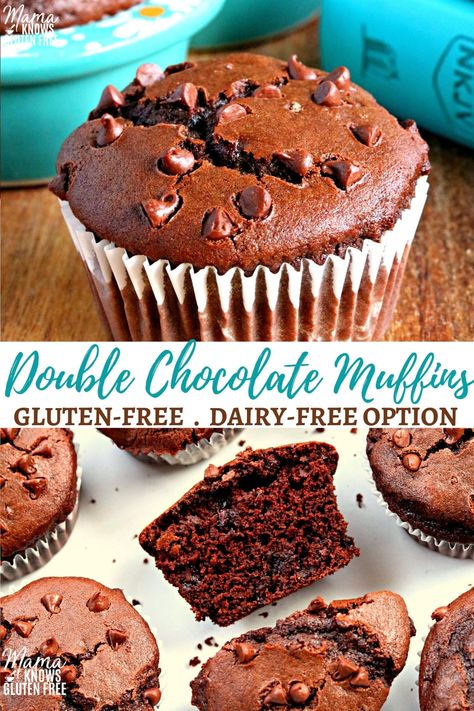 Gluten-Free Double Chocolate Muffins are a bakery style muffin that is soft, moist and chocolatey. It does not get much better than chocolate, chocolate chip muffins for breakfast! The recipe also has a dairy-free option. #glutenfreerecipes #dairyfree Gf Chocolate Muffins, Chocolate Muffins Dairy Free, Gf Chocolate Chip Muffins, Gluten Free Muffins Recipes, Chocolate Chocolate Chip Muffins, Gluten Free Chocolate Chip Muffins, Gluten Free Chocolate Muffins, Choc Chip Muffins, Dairy Free Muffins