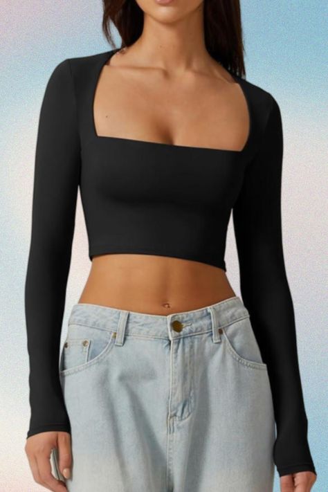 Moisture wicking quick-drying fabric. Wear-resistant high elastic, skin-friendly, comfortable, breathable. #amazon #amazonfinds #amazonbestsellers #squareneck #croptop #longsleeve #skims #slimfit #top #tee #tshirt #bodycon #black Crop Top Long Sleeve, Crop Top Long, Neck Crop Top, Crop Tshirt, Amazon Finds, Long Sleeve Crop Top, Top Tee, Square Neck, Best Sellers