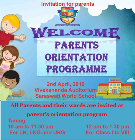 All parents and their wards of Saraswati World School are invited to attend parent's orientation program on 2nd April 2019 at School Hall. For pre-primary Timing sharp 10 am. and for primary and secondary timing is 12 noon. Please accept this cordial invite for the programpic.twitter.com/hq7YtTphR4 Parent Orientation Ideas, Healthy Habits Kindergarten, Parent Orientation, Orientation Day, Pre Primary, School Hall, The Program, School System, Word Families