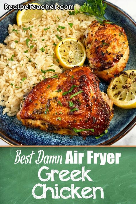 Loaded with the flavors of fresh lemon, garlic, oregano and more, these air fryer Greek chicken thighs are bursting with flavor. With perfectly crispy skin and meat that is so tender and juicy, this recipe is sure to be a favorite for your air fryer. #airfryer #greekchicken #lemon #garlic #chickenthighs #easydinnerrecipe Air Fryer Greek Chicken, Chicken Thighs Air Fryer, Greek Chicken Thighs, Greek Chicken Recipe, Air Fryer Chicken Thighs, Greek Chicken Recipes, Greek Lemon Chicken, Yummy Dishes, Chicken Thigh Recipes Oven