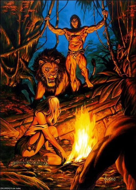 Tarzan at night Tarzan Art, Joe Jusko, Tarzan Of The Apes, Jane Porter, Jungle Life, Comic Icons, Science Fiction Artwork, Edgar Rice Burroughs, Black Comics