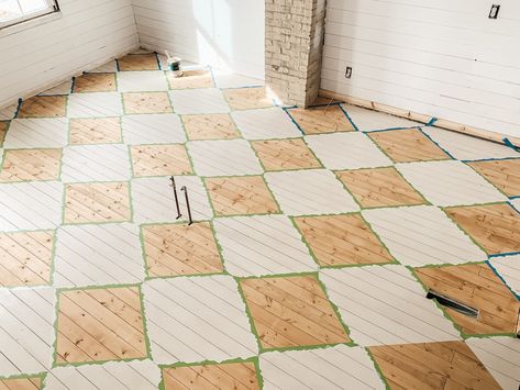 How to Paint a Harlequin Floor Pattern - Midcounty Journal Stained Checkerboard Wood Floor, Checkerboard Painted Wood Floors, How To Paint Squares On A Floor, Harlequin Wood Floor, Painted Harlequin Wood Floor, Stained Checkerboard Floor, Painted Wood Kitchen Floor, Diy Checkerboard Floor, Timber Floor Bathroom