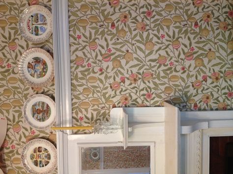 my dining room with Sanderson's Morris & Co 'Fruit' wallpaper installed Wallpapered Walls, Stephen Sills, William Morris Wallpaper, Wallpaper Kitchen, Morris Wallpapers, William Morris Art, Interior Wallpaper, Fruit Wallpaper, Downstairs Bathroom