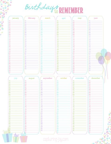 Birthdays to Remember free printable yearly calendar Capturing-Joy.com ~Genius... the trick is to NOT lose it!! LOL Calendar Free Printable, Printable Yearly Calendar, Birthday Planner, To Do Planner, Template Birthday, Birthday Reminder, Pretty Printables, Home Management Binder, Diy Calendar