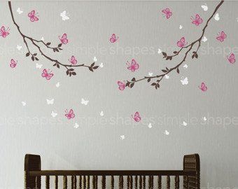 Butterfly wall decals nursery | Etsy Family Tree Mural, Pink Playroom, Baby Nursery Decals, Crib Wall, Stickers Rainbow, Watercolor Dots, Butterfly Wall Decals, Tree Mural, Family Tree Wall Decal