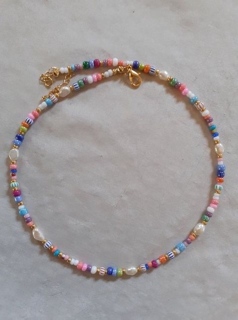 Cute Beads Jewelry, Bead Necklace Colorful, Colorful Necklace Beads, Jewellery Beads Handmade, Random Bead Necklace, Colourful Pearl Necklace, Colorful Beaded Jewelry, Multicolor Pearl Necklace With Letter Beads For Gift, Colourful Beaded Necklace