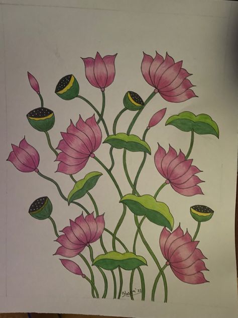 Pichwai Paintings Lotus, Pichwai Art, Ganesha Drawing, Saree Painting Designs, Gond Painting, Painting Flowers Tutorial, Lotus Flower Art, Saree Painting, Fabric Painting Techniques