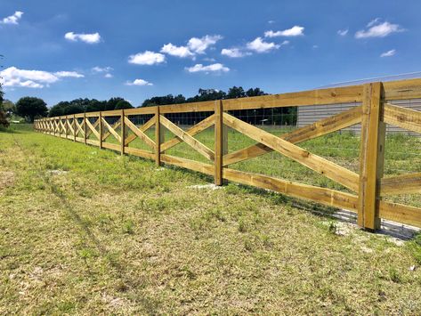 Brand new cross buck wood fence Criss Cross Fence Ideas, Ranch Style Wood Fence, Cross Buck Fence Diy, Country Fencing Ideas Ranch, Crossbuck Fence Diy, Crossbuck Fence, House Fencing, Modern Wood Fence, Livestock Fence