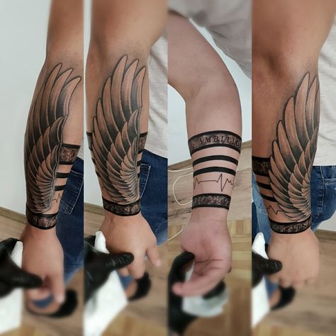 Cool Forearm Tattoos Men, Forearm Wing Tattoo, Tato Maori, Alas Tattoo, Wrist Band Tattoo, Band Tattoos For Men, Wing Tattoo Men, Angel Wing Bracelet, Bracelet Tattoo