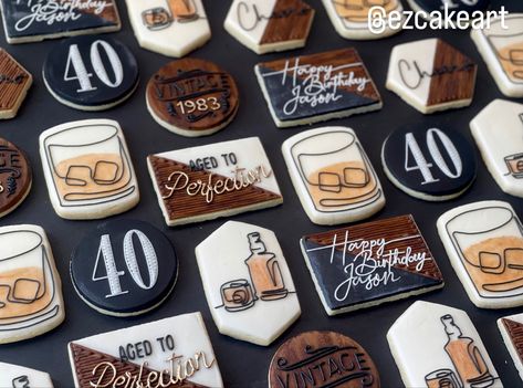 Vintage style 40th birthday cookies with black, white, wood, and gold accent colors. Men 40th Birthday Ideas Man Party, 40th Birthday Cookies, Whiskey Cookies, Bourbon Cookies, Celebration Cookies, 40th Birthday Themes, Husband 40th Birthday, 40th Birthday Men, 40th Bday Ideas