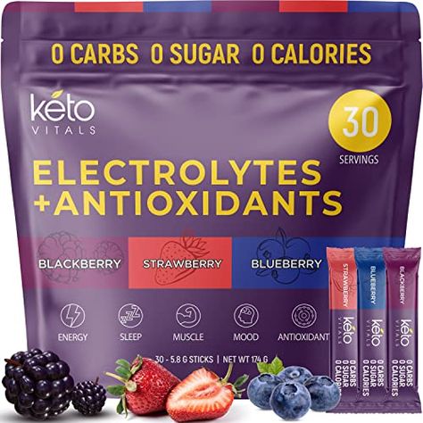 Keto Vitals Berry Antioxidant Electrolyte Powder Stick Packs | Keto Friendly Variety Individual Travel Packets | Energy Drink Mix | Zero Calorie/ Carb (Berry Assorted, 30) Electrolyte Powder, Energy Drink Mix, Natural Calm, Natural Hydration, Zero Carb, Keto Drink, Perfect Keto, Body Balance, Keto For Beginners