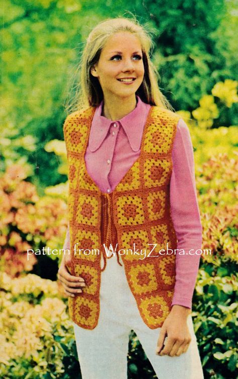 A simple pattern for this (by now) crochet classic; the granny square waistcoat or vest. Very easy to make; and I will include my own photo tutorial for a granny square and other notes to help... and I am happy to help via email too. A great starter project or nice fun and warm thing to make for any crocheter. Make it to a colour scheme; or even better go mad with all sorts of stash busting bits... scavenging can be fun , if your stash is just a “baby” one! PLEASE SCROLL THE IMAGES ABOVE FO... Granny Square Waistcoat, Crochet Conversion Chart, Waistcoat Pattern, Vintage Crochet Dresses, Crochet Waistcoat, Granny Stitch, Patron Vintage, Crochet Jumper, Womens Crochet Patterns